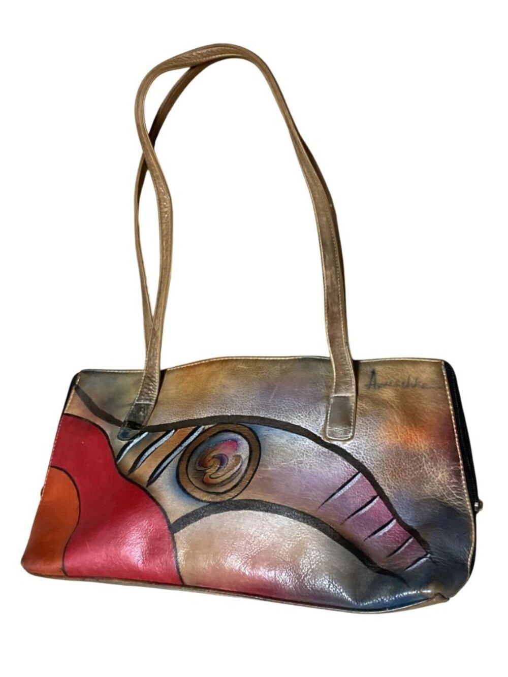 Anuschka Hand-Painted Leather Shoulder Bag With Abstract Art